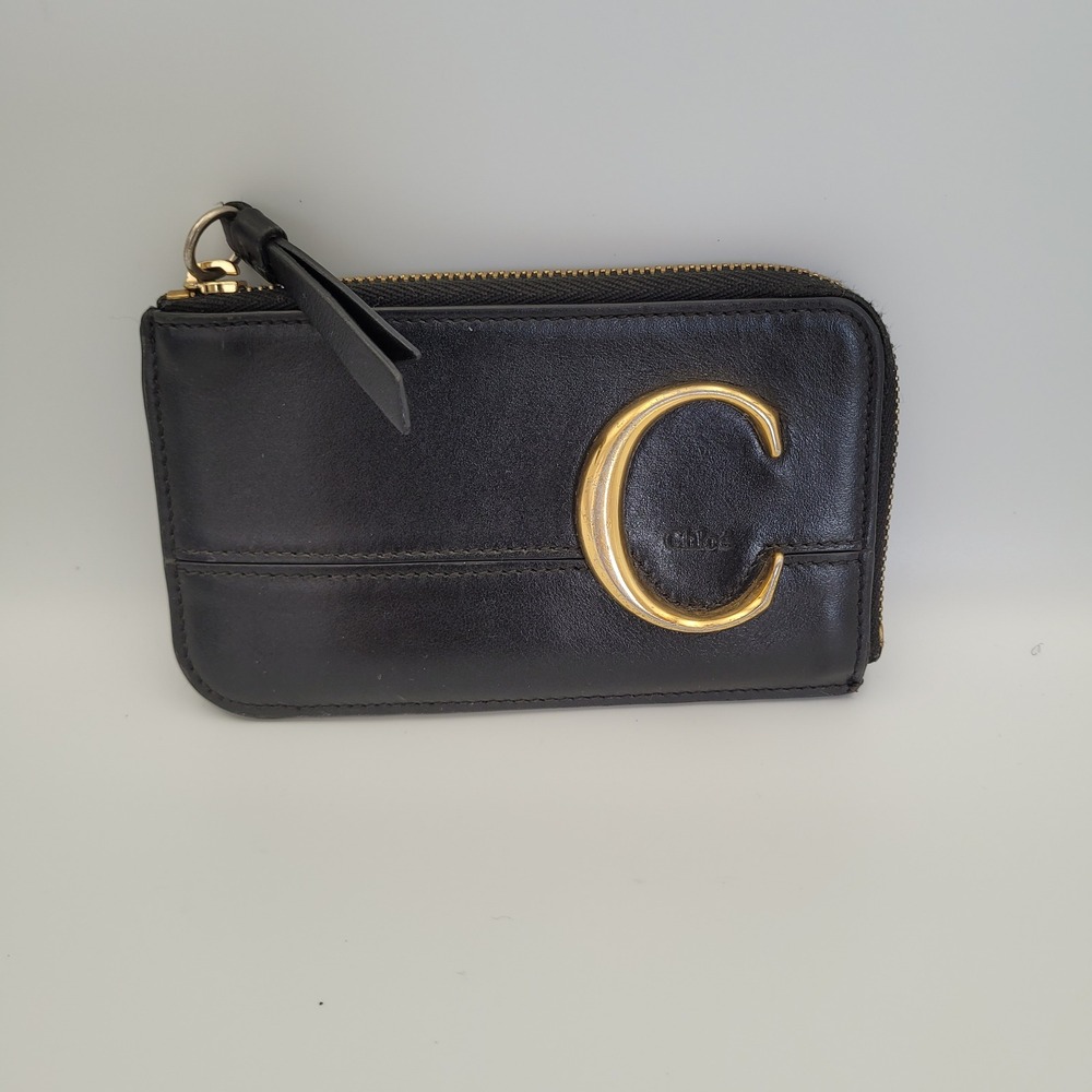Chloe C Card Holder Wallet Black Leather Gold Logo L-Zip Coin Purse